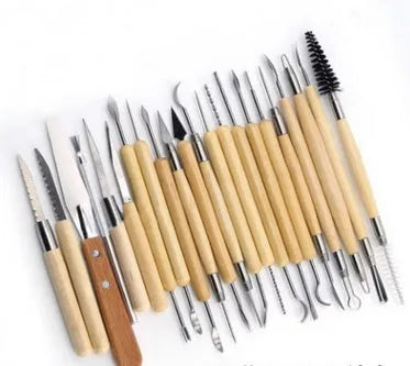 Brown 27-piece pottery clay tool set with stainless steel, wood and plastic tools for sculpture.