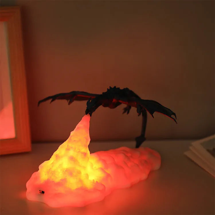3D printed dragon lamp with warm red breathing light effect showing detailed dragon design