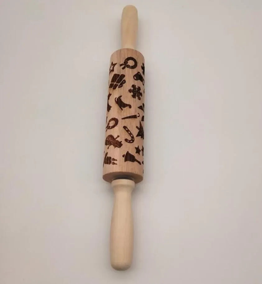 Wooden Christmas embossing rolling pin with snowflake and reindeer patterns on dough, 45x5x5cm natural wood non-stick surface