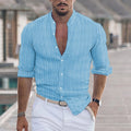 Men's cotton linen style stripe jacquard cardigan shirt in white stripes, loose fit, long sleeves, front view