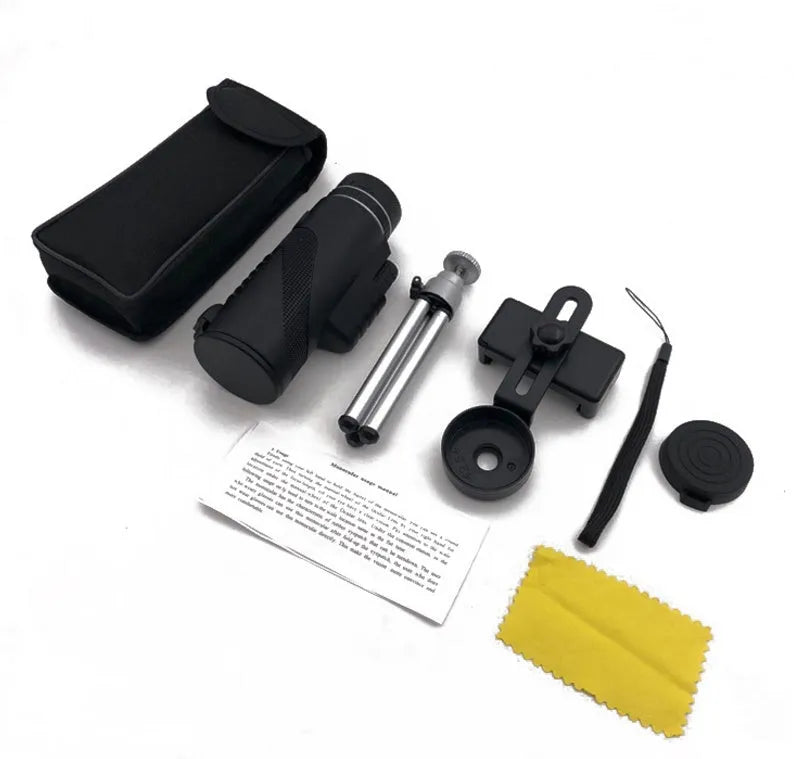 Black 40x60 monocular telescope with 144mm length showing objective lens and eyepiece