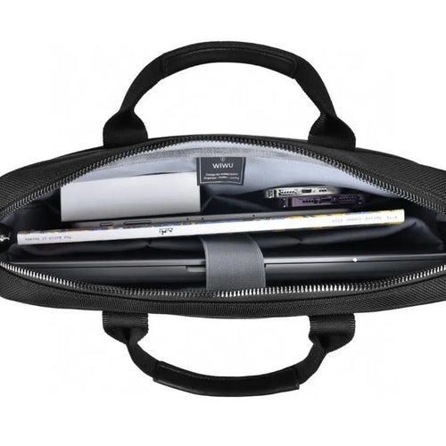 Black Oxford cloth laptop rucksack showing multi-pocket interior and separate computer compartment for 14 or 15.6 inch devices.