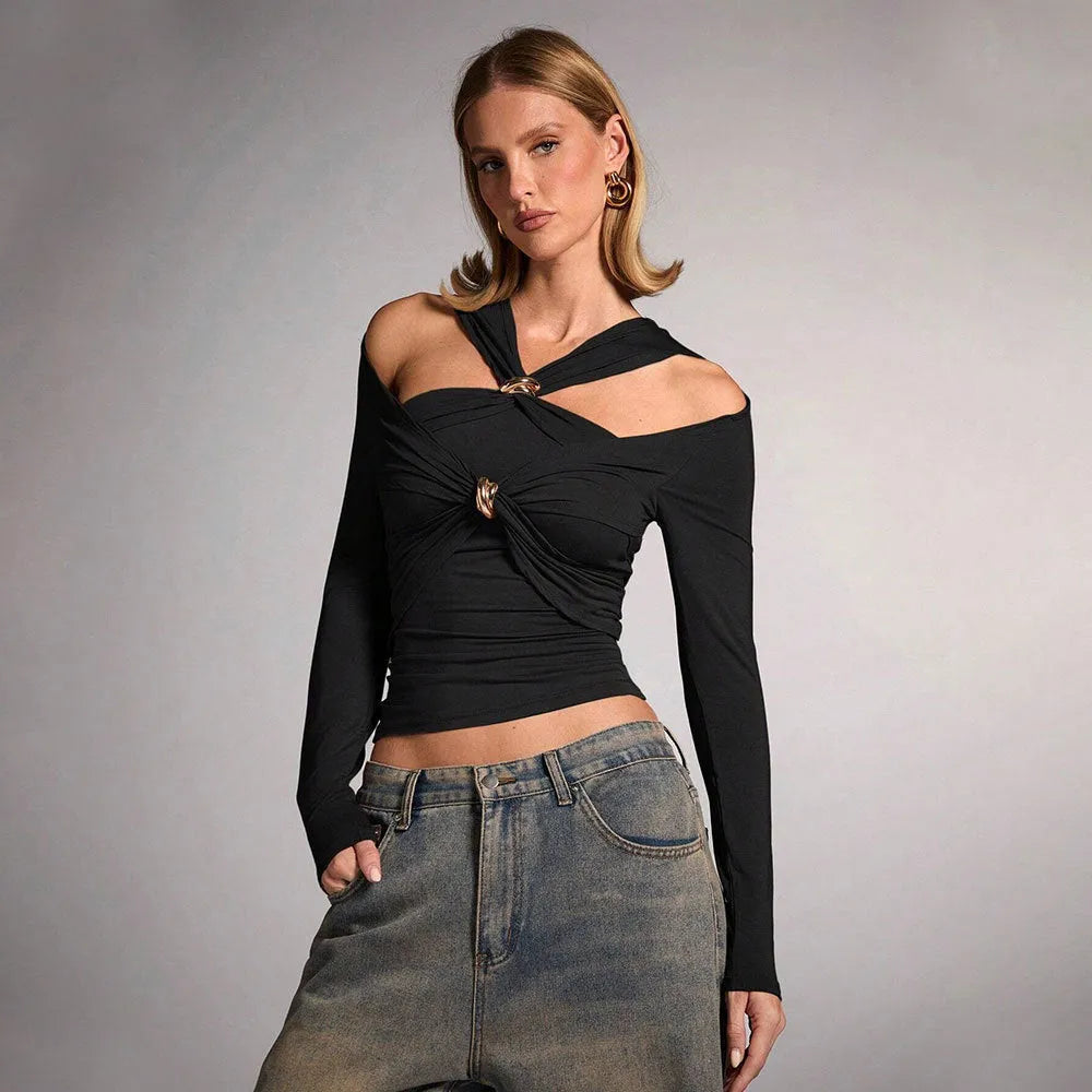 Black women's halter neck slim fit top with shoulder-baring design