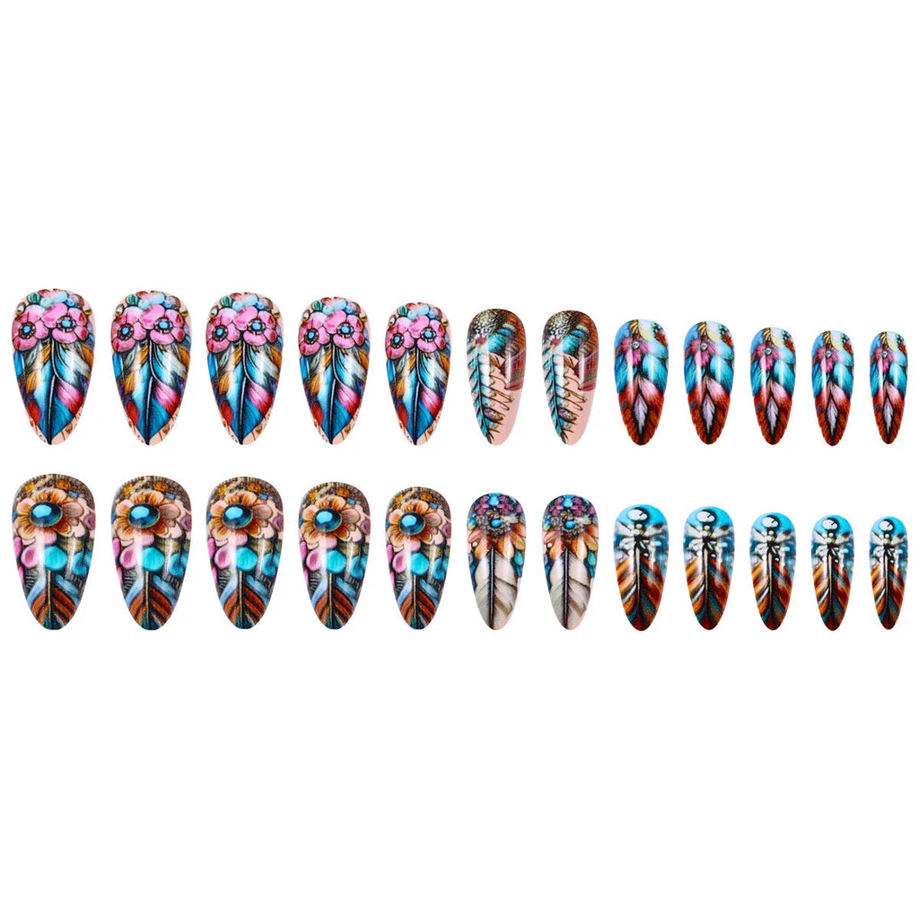 Plastic nail art set with coloured feather armour, butterflies, hearts, and floral patterns for retro manicures.