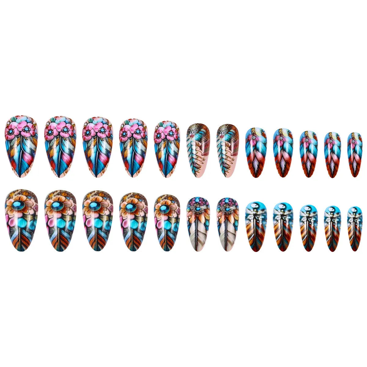 Plastic nail art set with coloured feather armour, butterflies, hearts, and floral patterns for retro manicures.