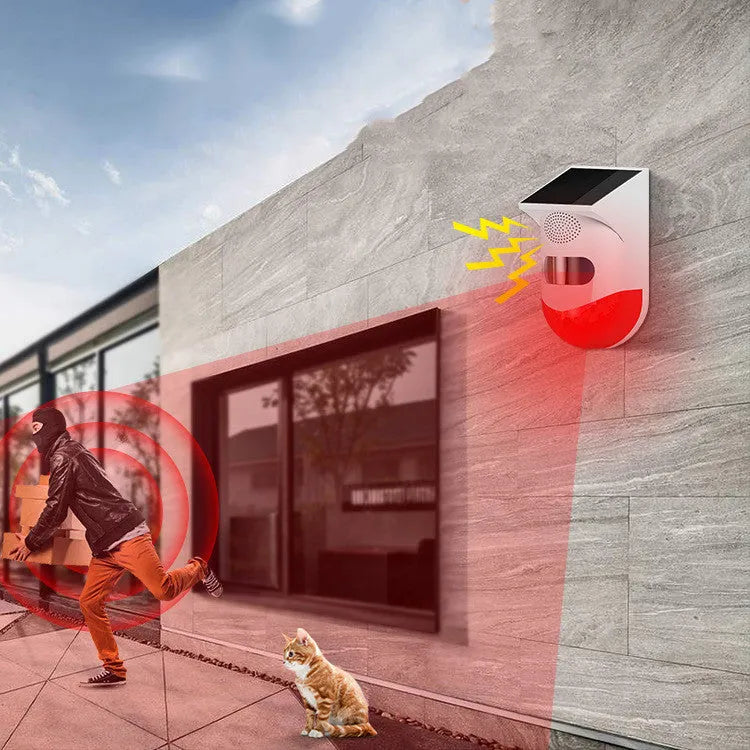 Solar-powered infrared security alarm with remote control for outdoor wall mounting
