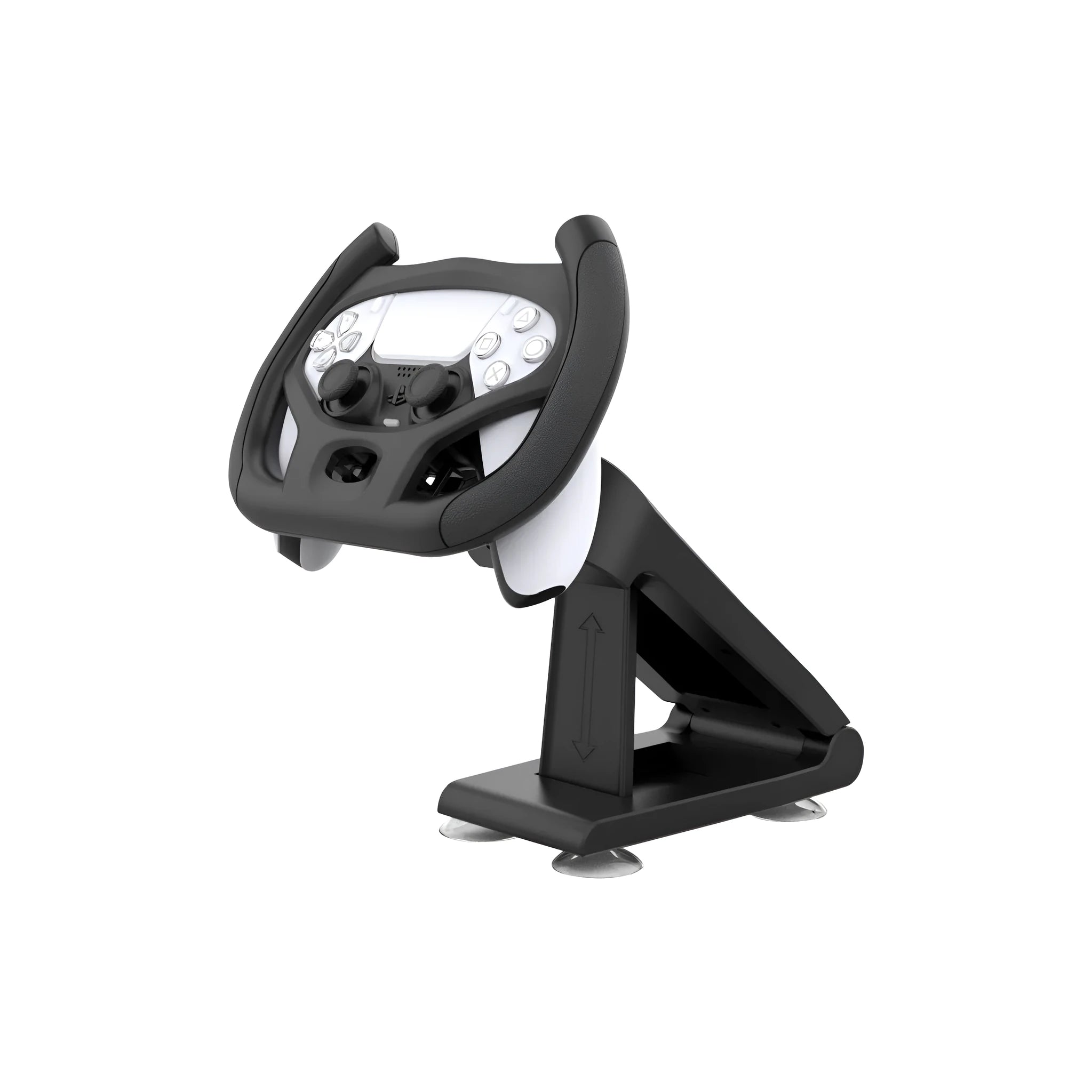 Black ABS gamepad steering wheel bracket with suction cup base, holding a console controller.