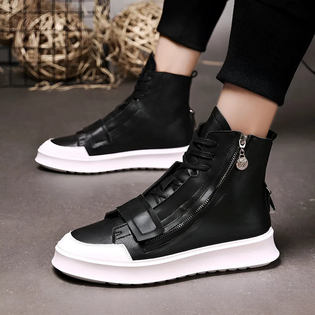 Men's black and white PU leather winter ankle boots in high-top sneaker style with microfiber upper