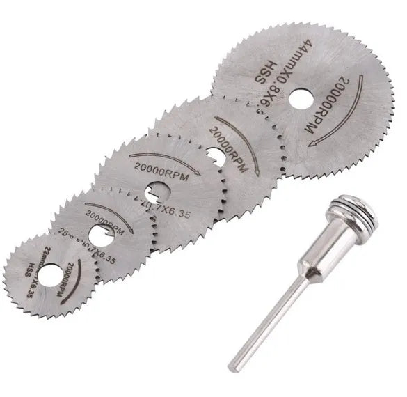Six circular saw blades with mandrel for woodworking tools