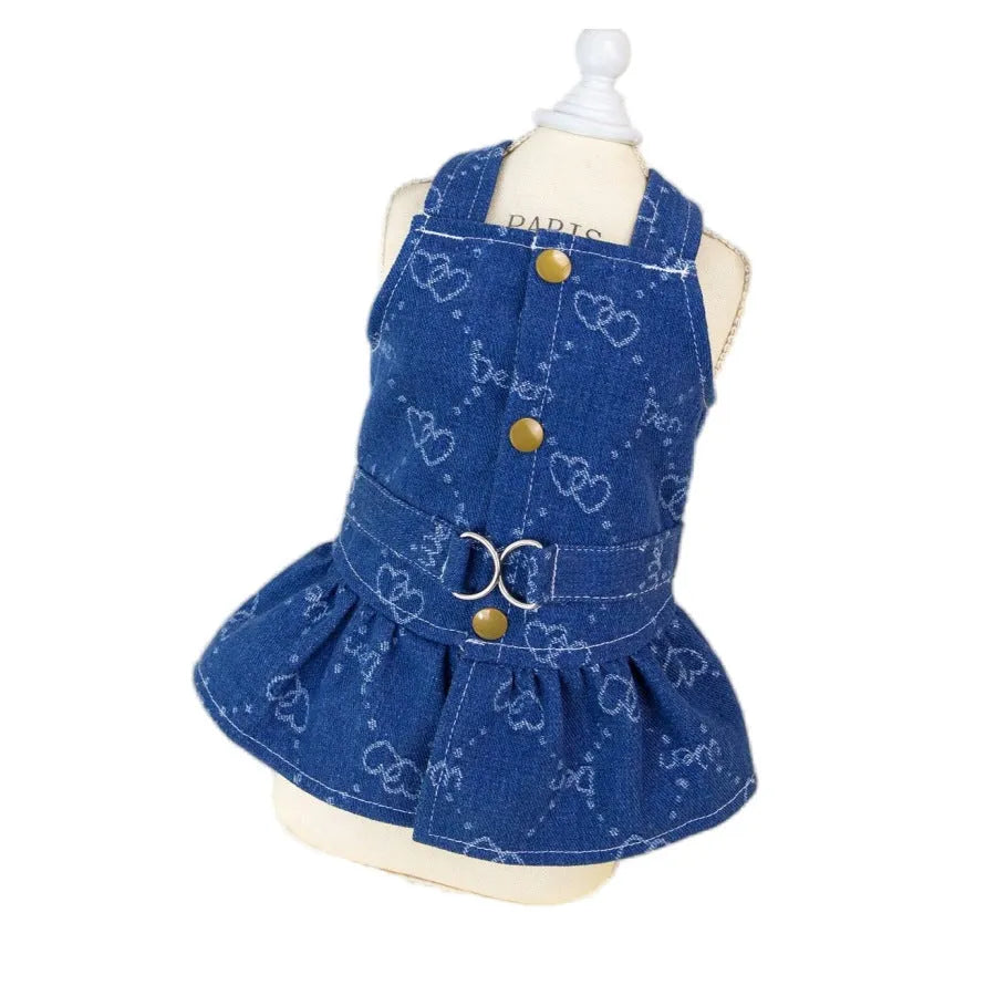 Small dog wearing HNXD denim bracket-skirt dress in one of five available sizes