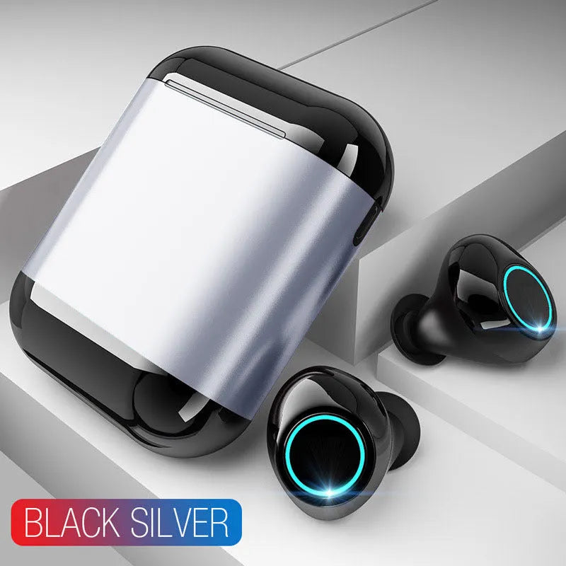 TWS wireless Bluetooth earphones in black gold and light grey colours showing separate left and right earpieces