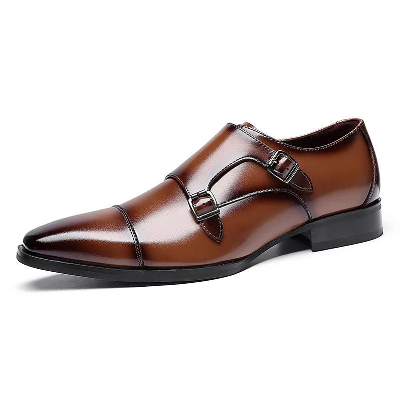 Men's black and light brown leather business shoes with square toe and rubber sole