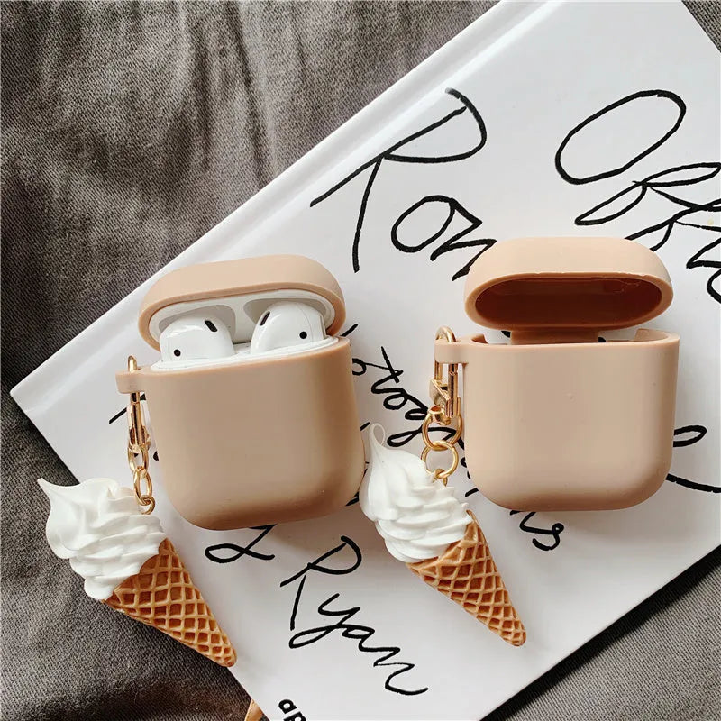 Silicone case for Apple AirPods 2 with cylindrical ice cream swirl design showing charging port cutout