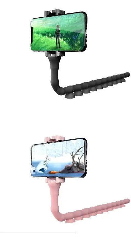 Black flexible phone holder with suction cup mounted to wall showing 62cm adjustable arm holding mobile phone