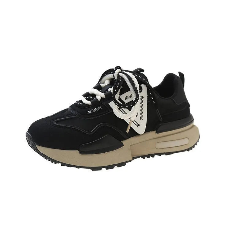 Women's black retro platform sports shoes with lace-up front and rubber sole