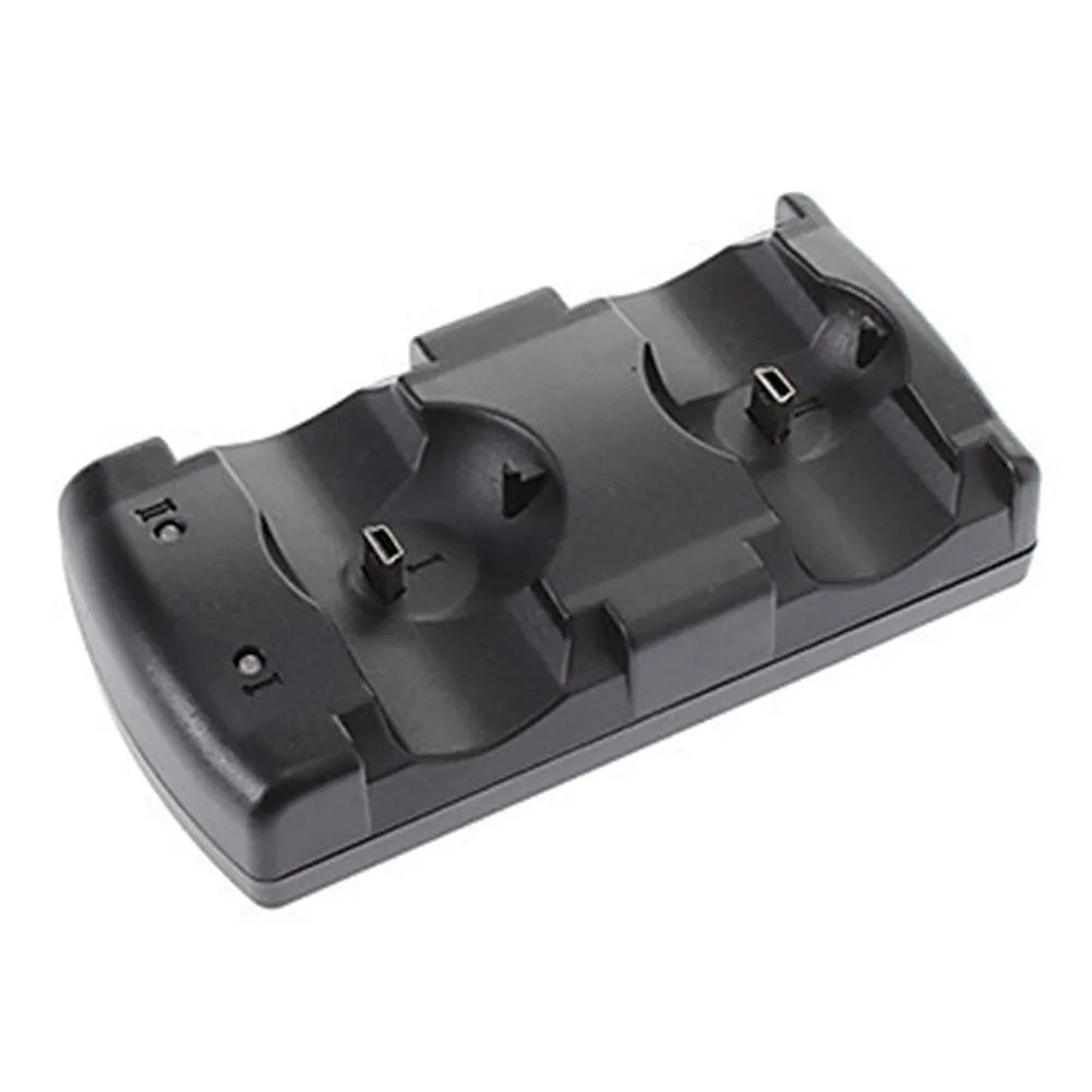 Black plastic PS3 dual USB charging dock for wireless controllers and Move navigation.