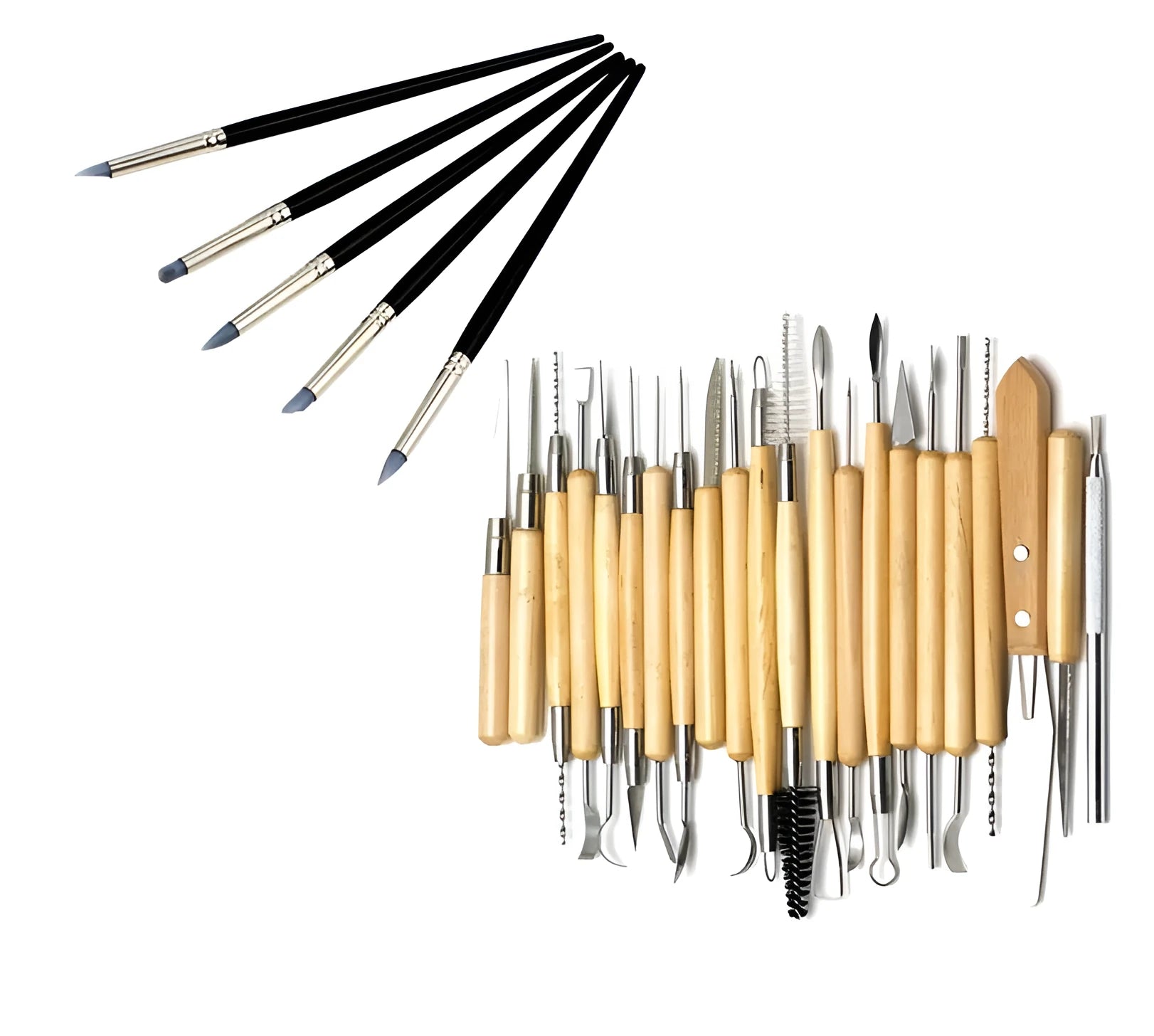 Brown 27-piece pottery clay tool set with stainless steel, wood and plastic tools for sculpture.