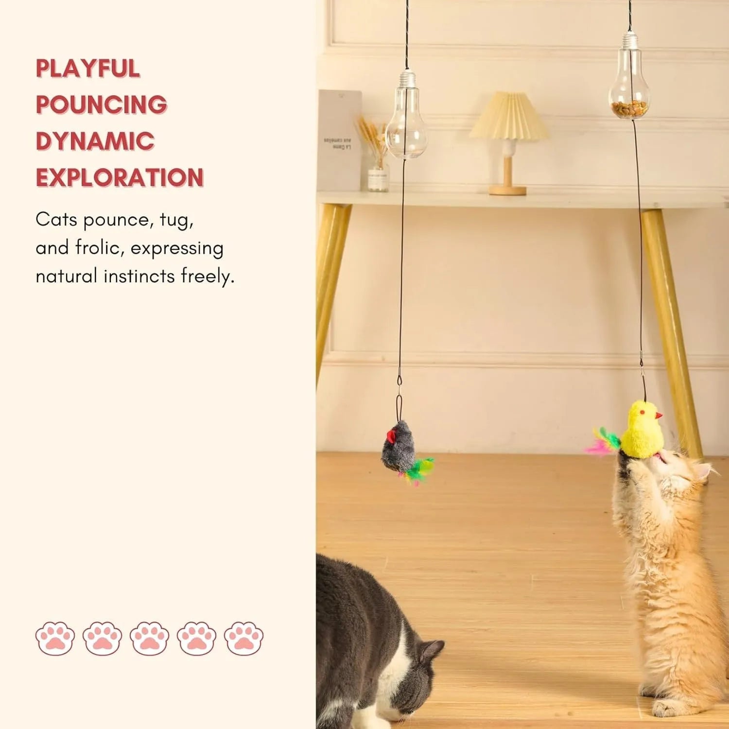 Interactive cat toy hanging from door frame with dangling mouse toy and elastic rope extending downward
