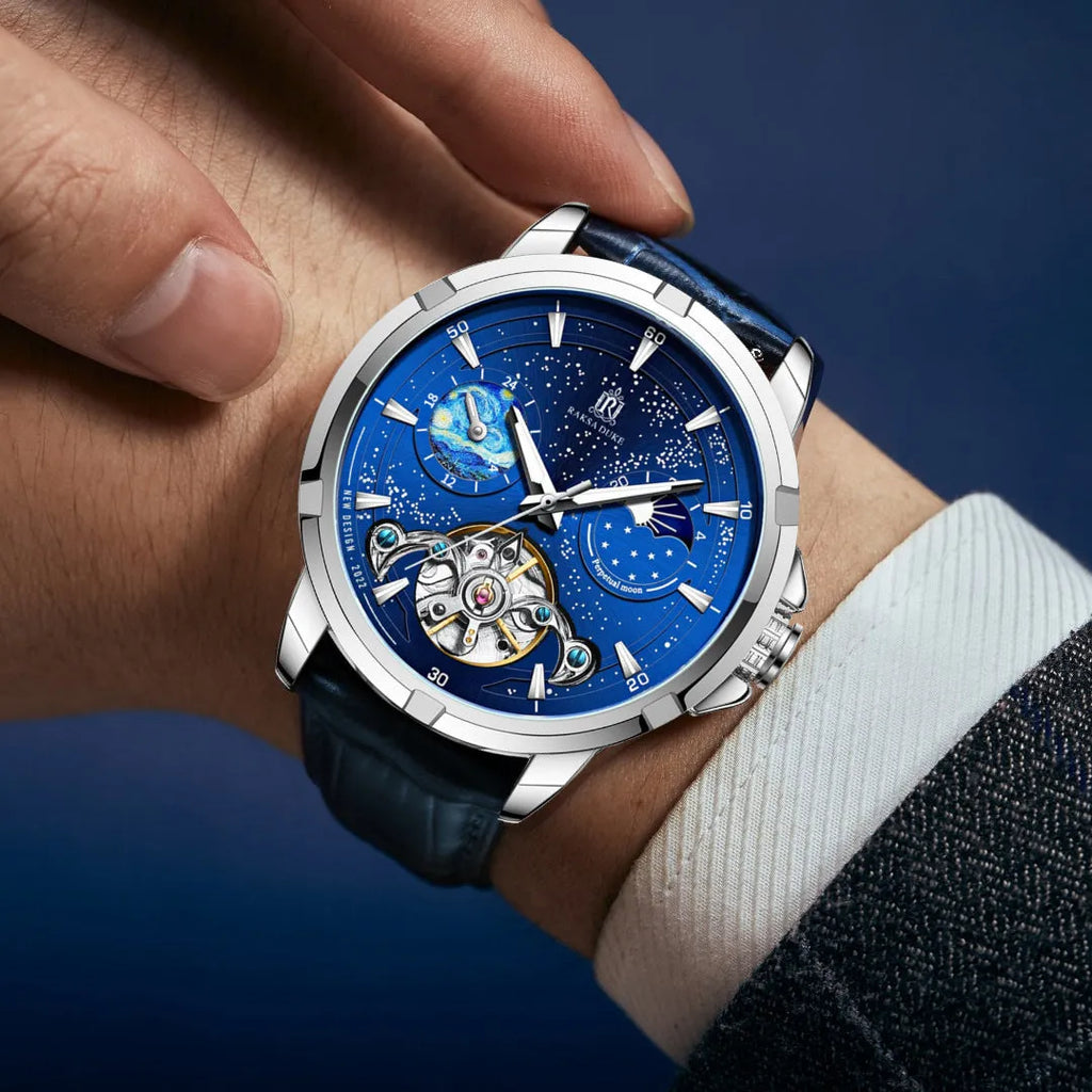 Men's automatic mechanical watch with blue dial and stainless steel bracelet showing exhibition case back