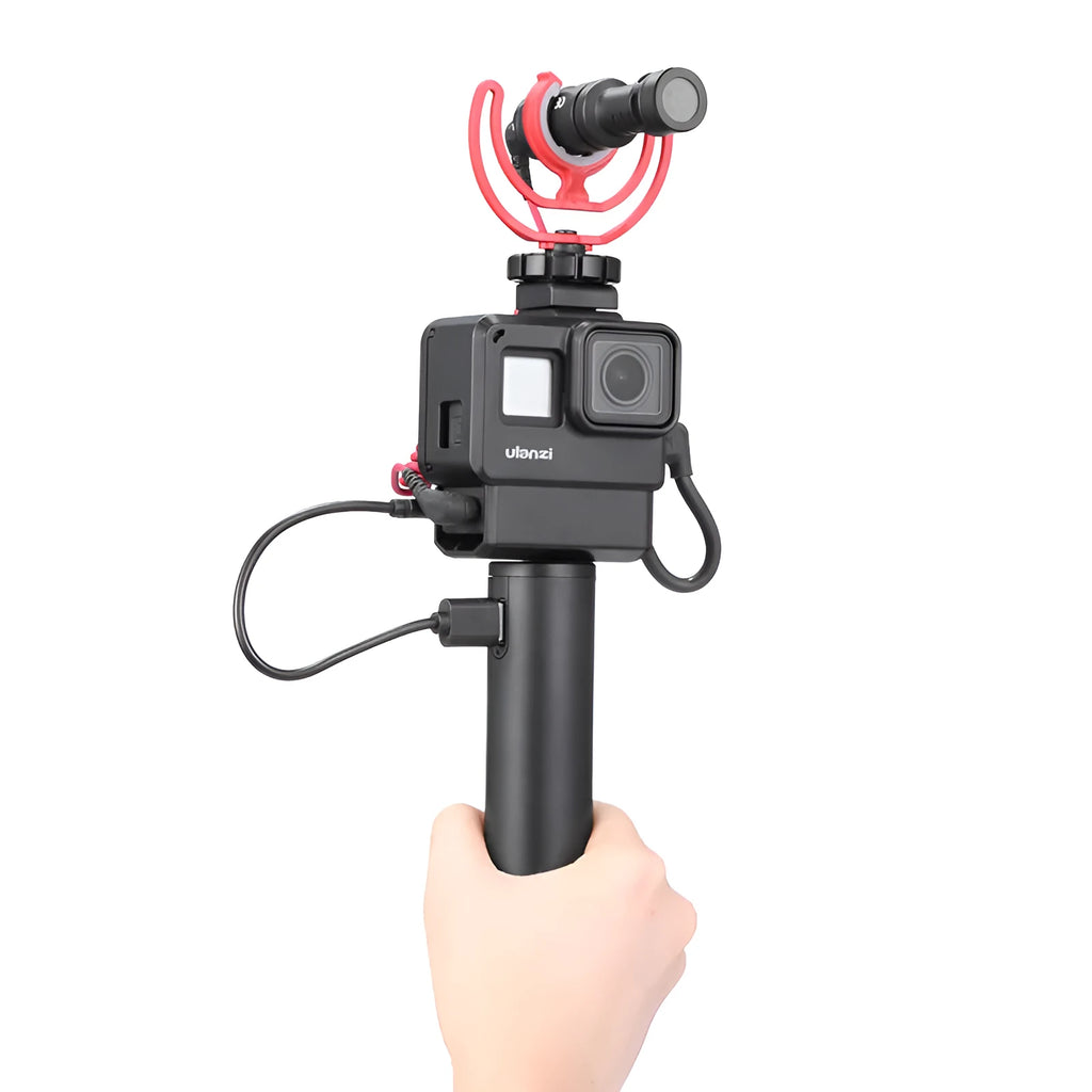 Black aluminium alloy portable power bank with a carry handle and strap, showing compact size
