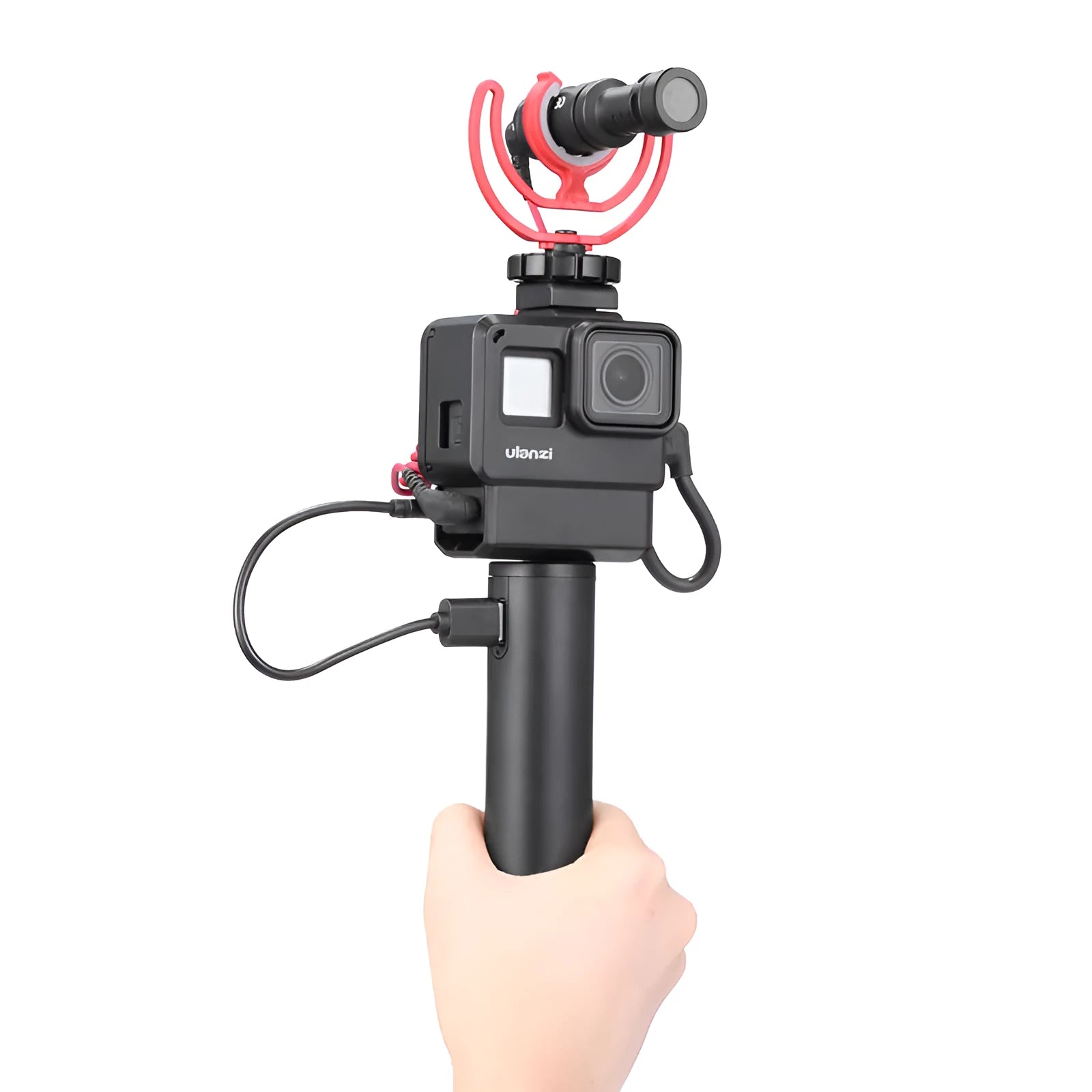 Black aluminium alloy portable power bank with a carry handle and strap, showing compact size