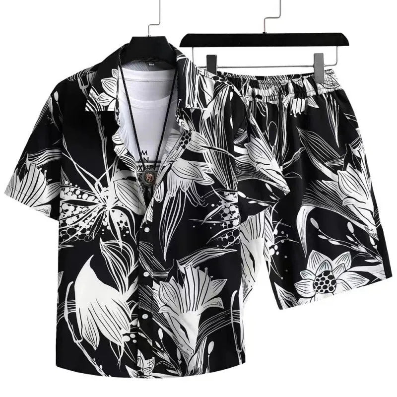 Men's digital print cardigan suit set with short sleeve shirt and matching shorts