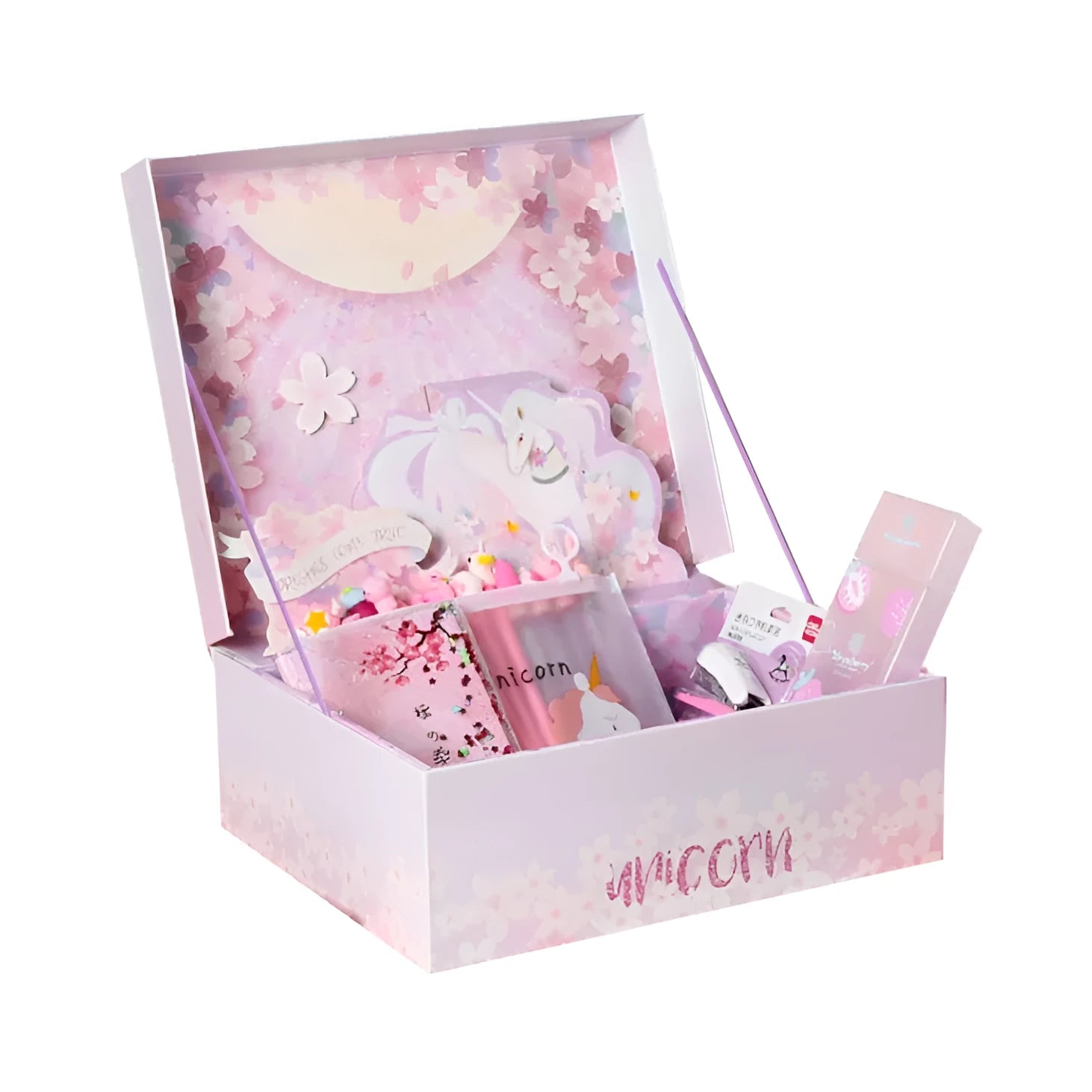 Stationery set combination gift bag with B5 A5 notebooks pens highlighters stickers bookmarks on wooden desk