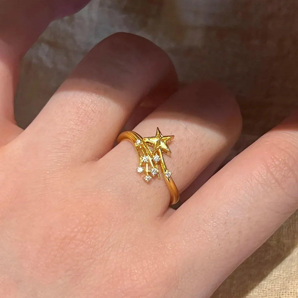 Broken Flame Xingtu ring for women, copper zircon, star shape with meteor shower details
