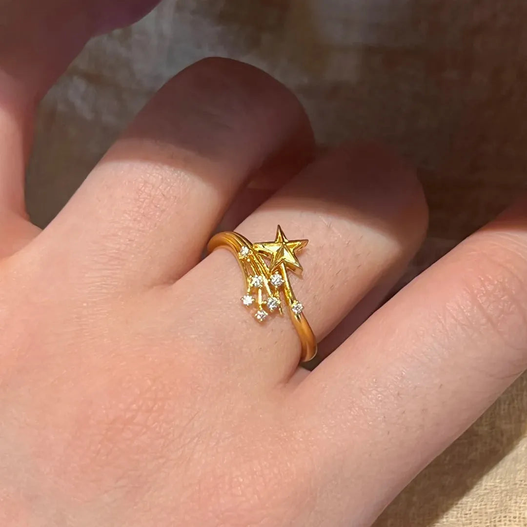 Broken Flame Xingtu ring for women, copper zircon, star shape with meteor shower details