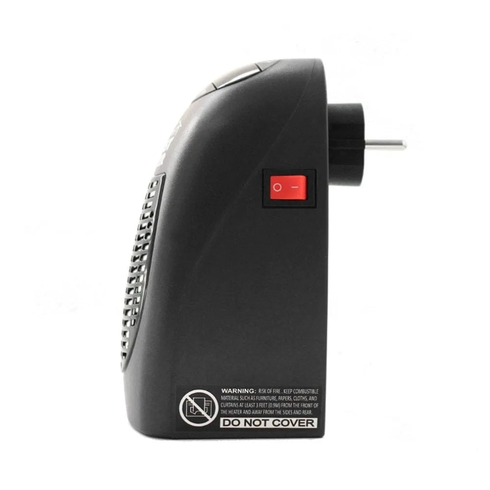 Black compact ceramic electric heater with digital display and a rotating three-prong plug on a white background.