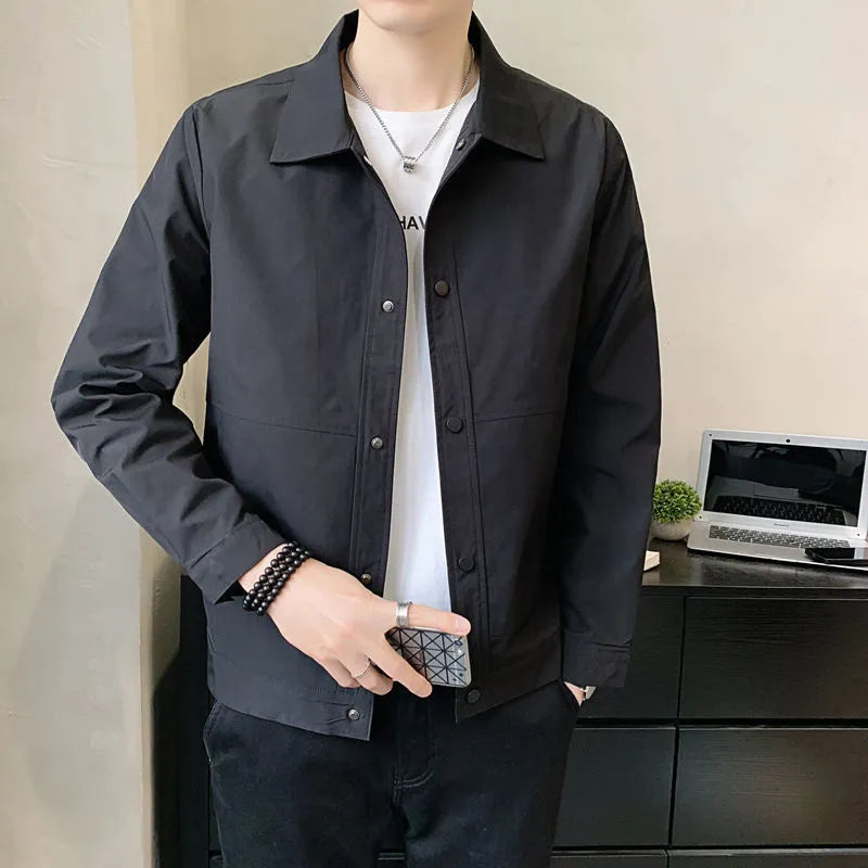 Korean style men's single layer polyester jacket for spring and autumn in grey tones.