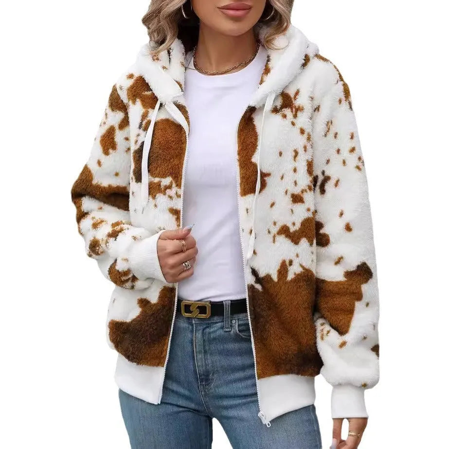Yellow brown cow animal pattern printed cardigan jacket with hood and zip closure