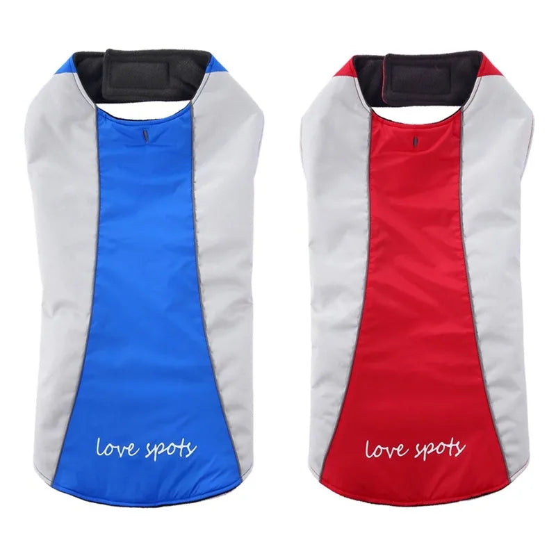 Winter dog coat with reflective strip for large breeds polyester safety jacket blue colour