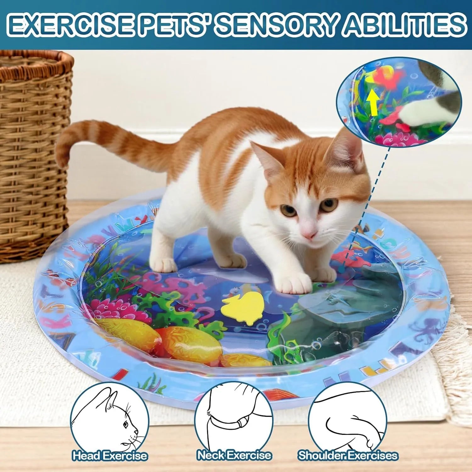 Thickened PVC cat water sensory play mat with floating fish toys, measuring 100cm square