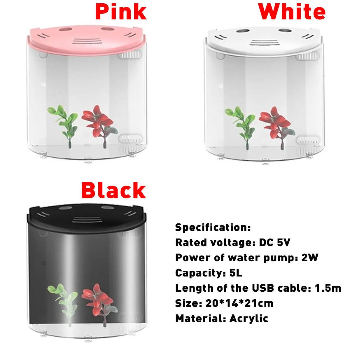 Clear acrylic fish tank with black frame, 20x14x21cm, with LED light and USB cable