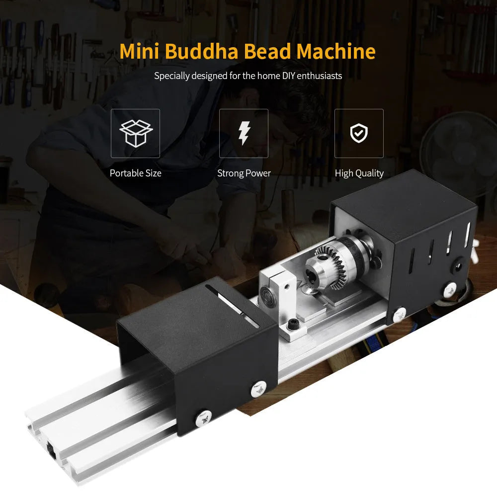 Silver mini woodworking lathe metal model with carving tools and 140mm capacity on workbench