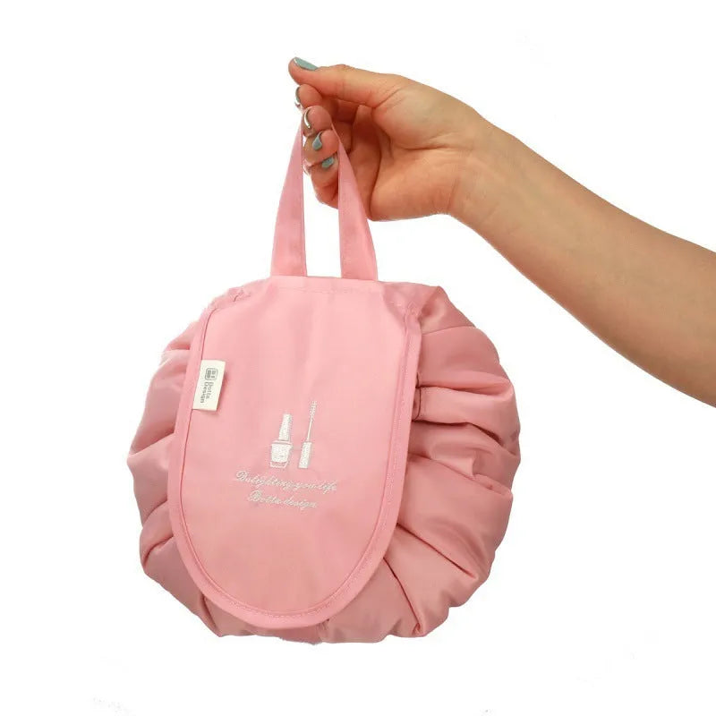 Large waterproof polyester drawstring makeup bag in cube shape for travel storage of cosmetics and toiletries