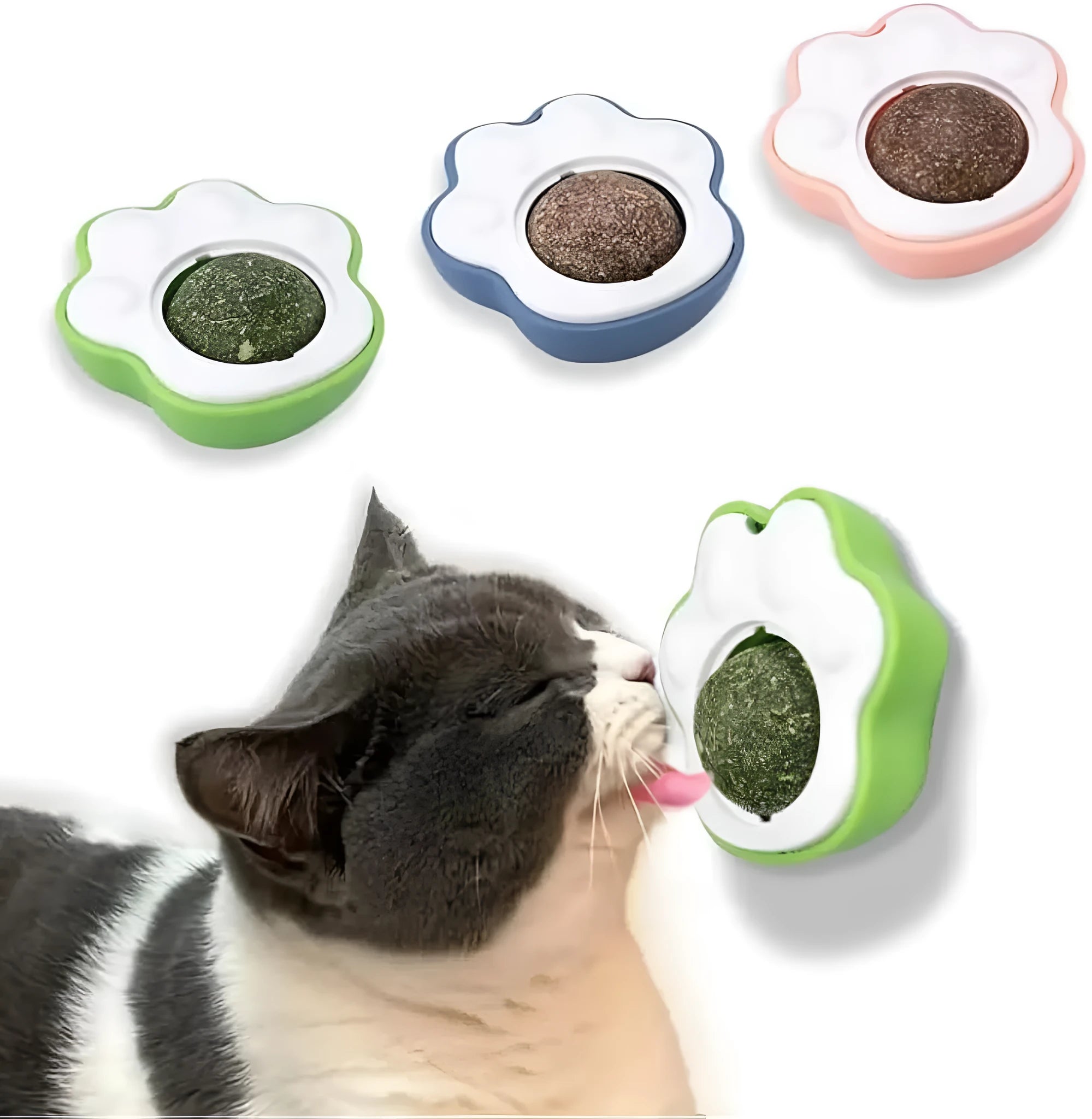 Four edible vine catnip balls for cats in blue, green, and pink colours for dental health chew toys