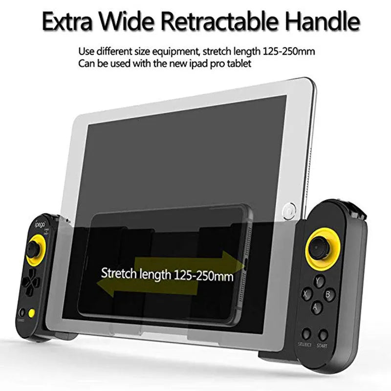 Ipega PG9167 wireless Bluetooth game controller in black ABS plastic with telescopic bracket extended, holding a smartphone for mobile gaming
