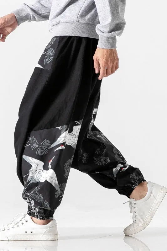 Chinese style crotch big crotch patchwork trousers in black cotton-linen blend, side view