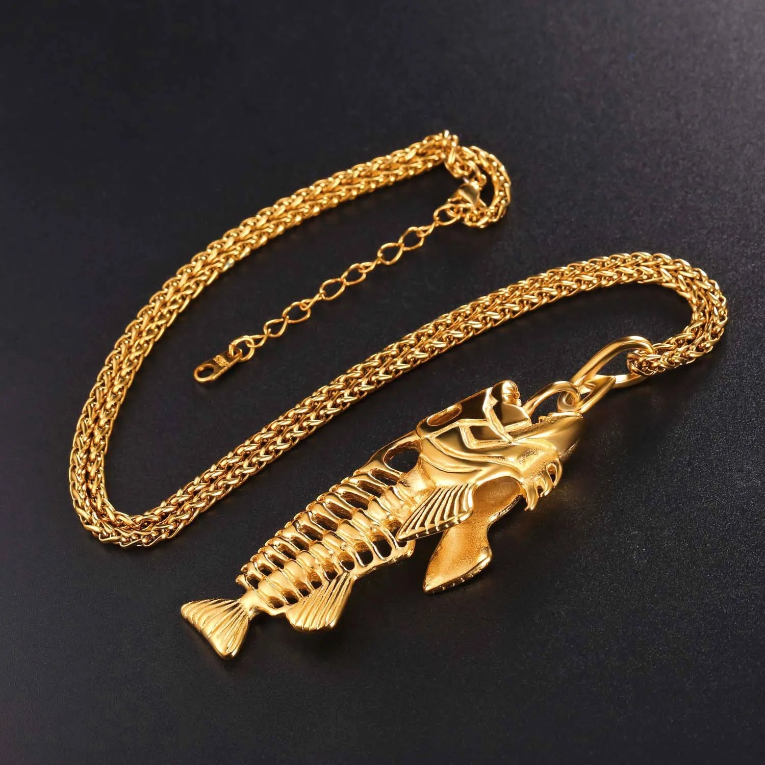 Fish bone pendant necklace in titanium steel with gold plated finish