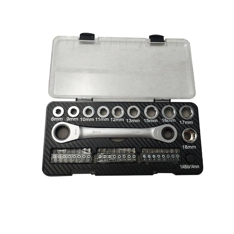 Dual-purpose ratchet wrench set with sockets and batch heads for mechanical repairs
