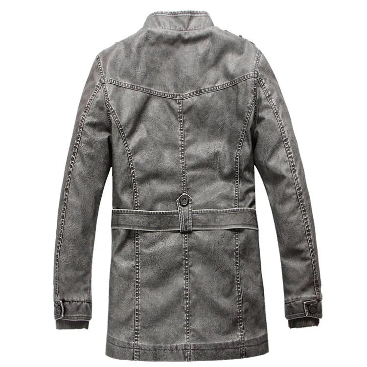Men's cowhide leather trench coat in brush black with button front and spread collar