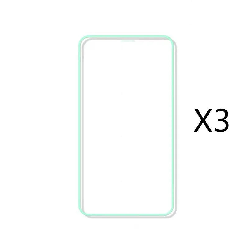 Luminous tempered glass screen protector for iPhone glowing softly in a dark setting.
