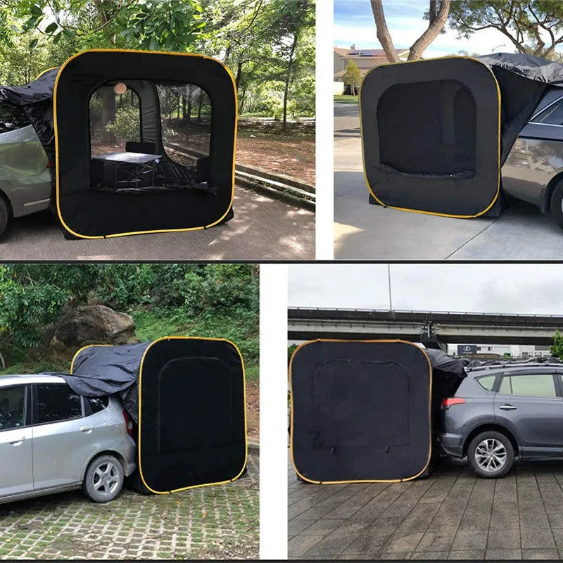 Black pop-up car tail tent unfolded to 200cm cube with quick-throw design and steel jackstays