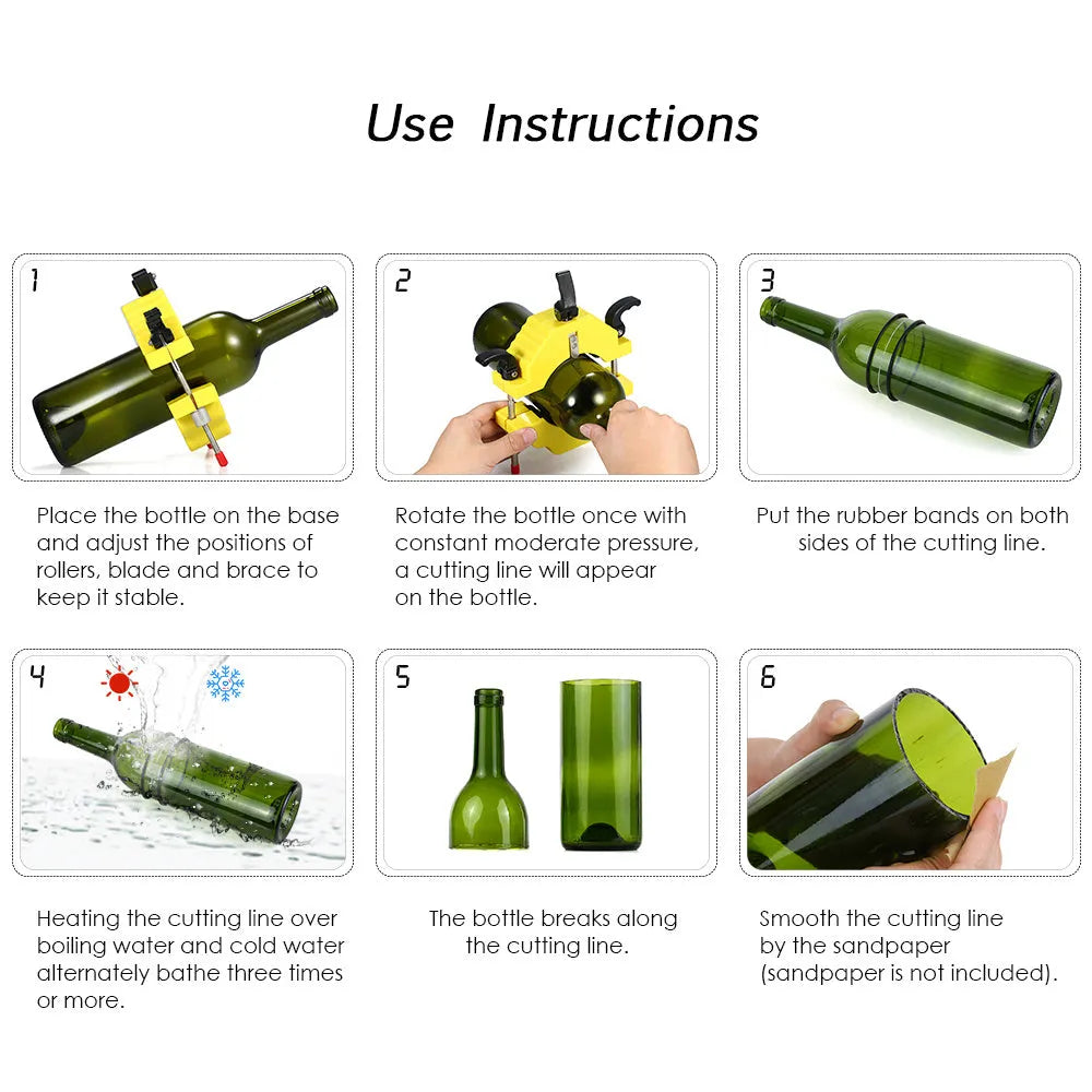 Yellow bottle cutter tool for cutting glass bottles from 50mm to 120mm diameter for DIY crafts
