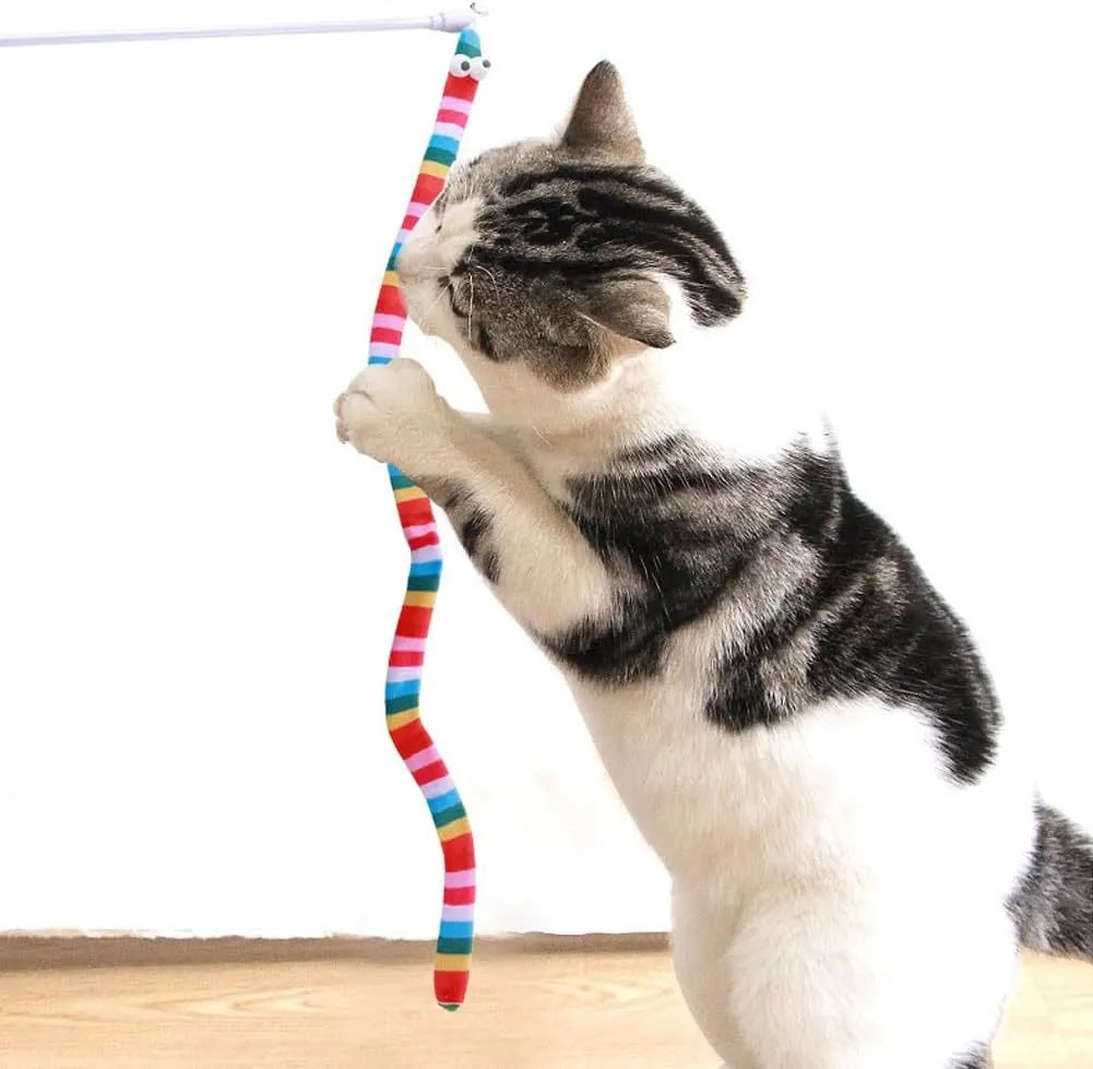 Plush cat teaser wand toy with colourful strip and bell on polycarbonate pole