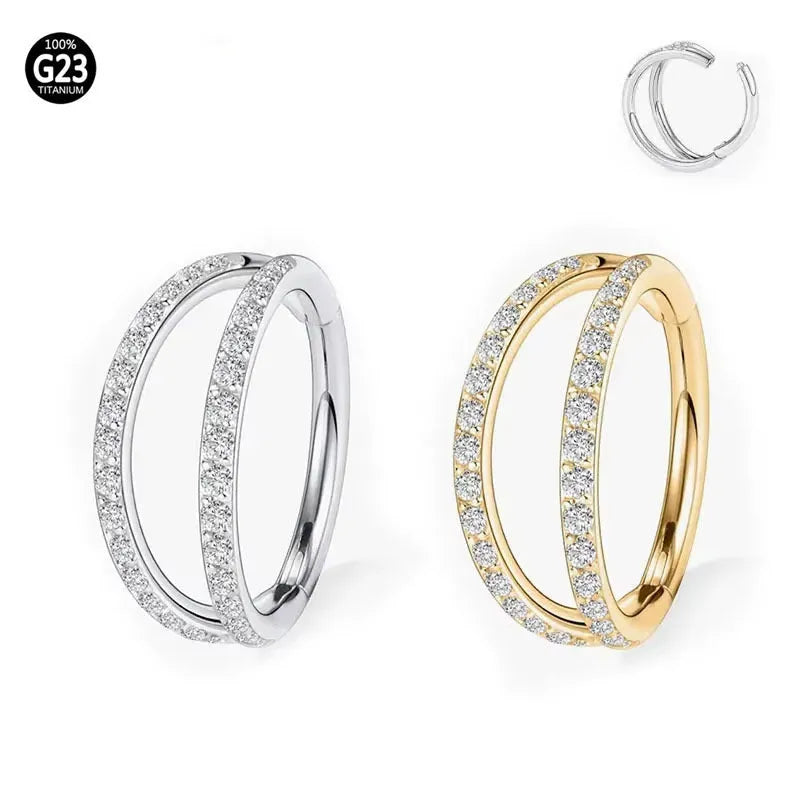 G23 titanium alloy nose ring with zircon stone in gold and steel colours showing 1.2mm gauge stud
