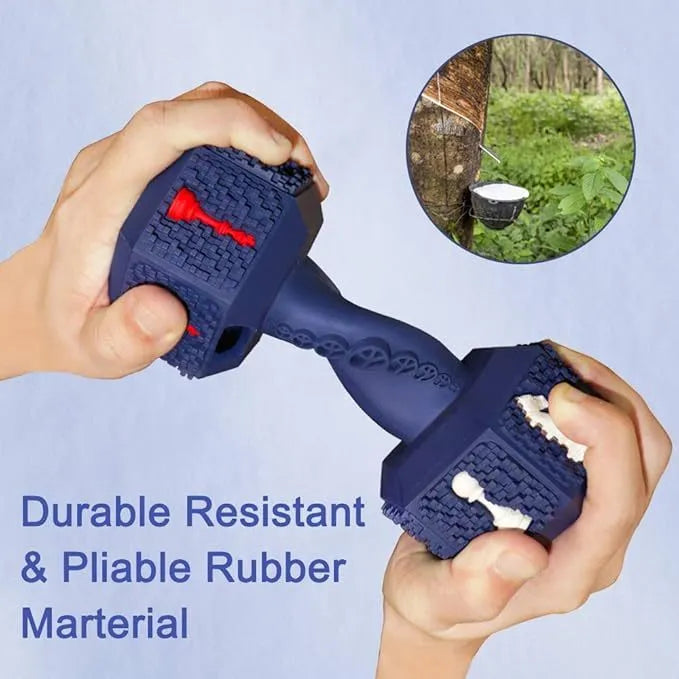Durable dumbbell-shaped dog chew toy with hollow ends for treats in black or blue colour options