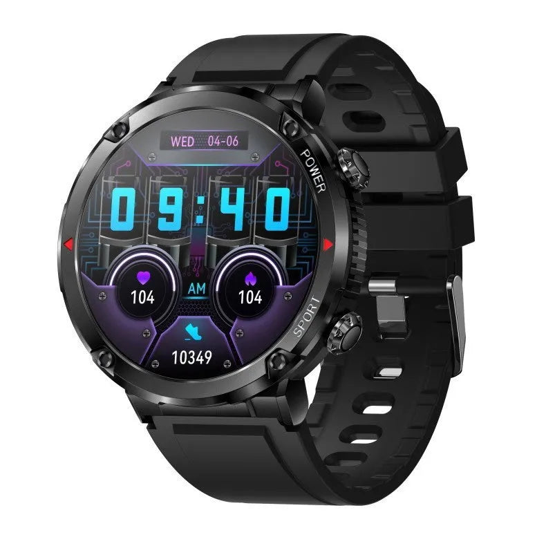 T30 Smart Watch in black on wrist showing touch screen with health metrics.